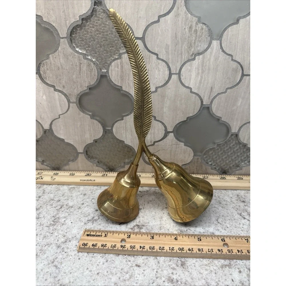 Vtg Enesco India Solid Brass Double Hand Bell Ornate Feather Handle 8.5